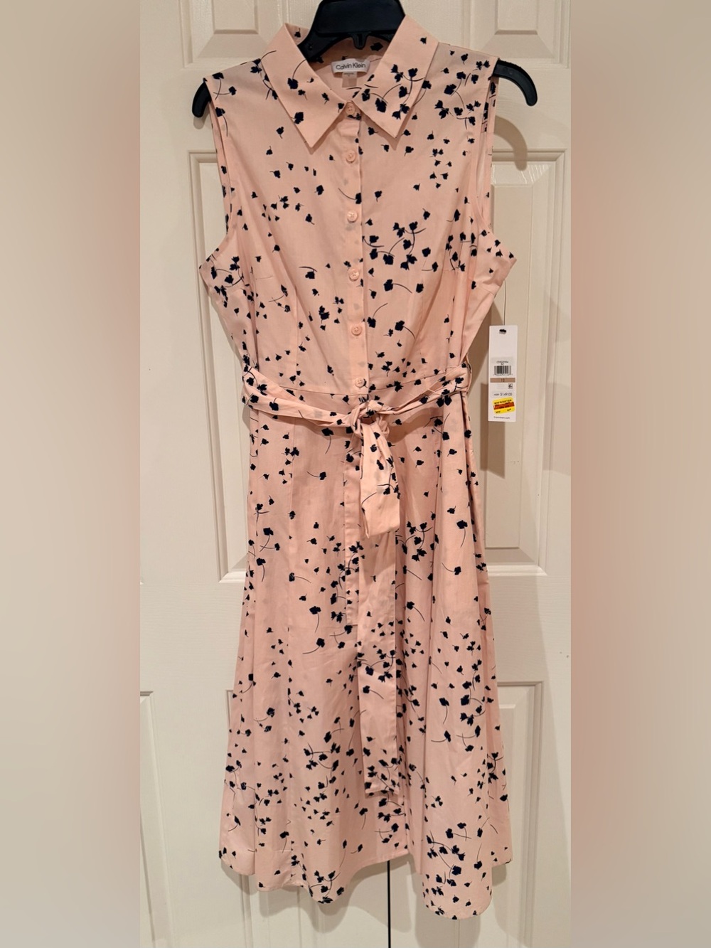 Calvin Klein Midi Blush Pink Sleeveless Shirtdress with Black Leaf Print